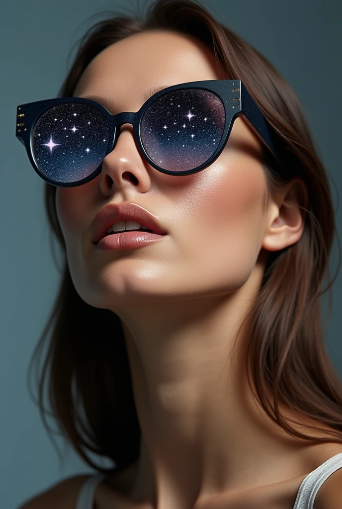 The model is wearing glass sunglasses with stars and the moon on the glass