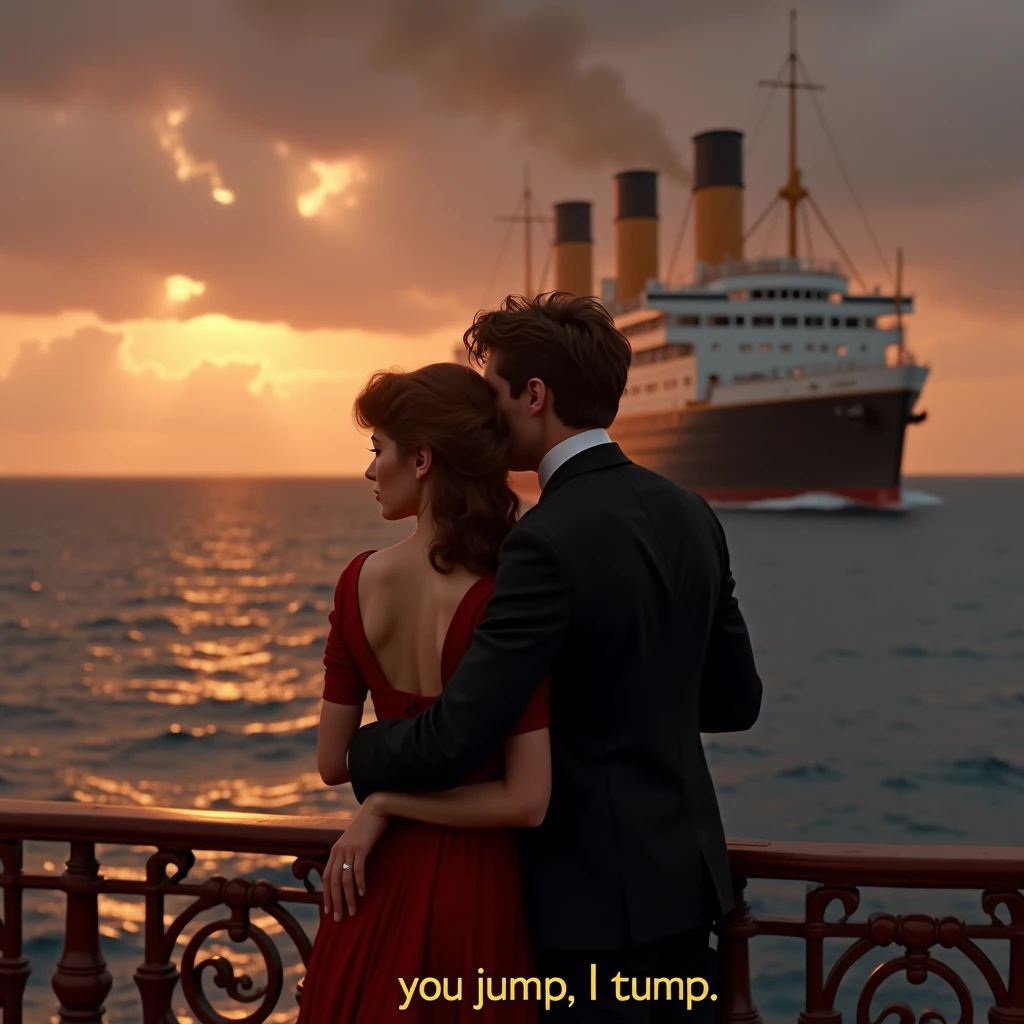 Screenshot of classic Titanic scene where Jack hugs Rose from behind,subtitle(you jump i jump)