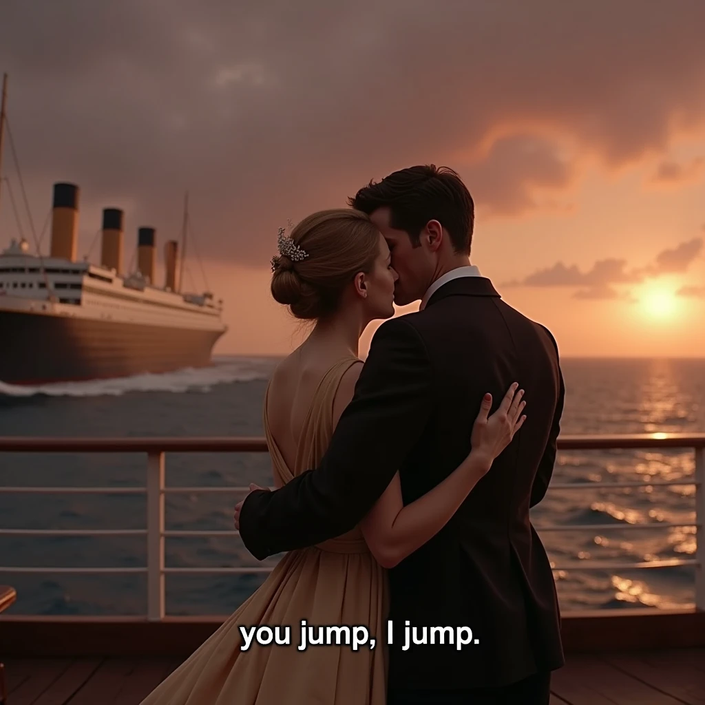 Screenshot of classic Titanic scene where Jack hugs Rose from behind,subtitle(you jump i jump)