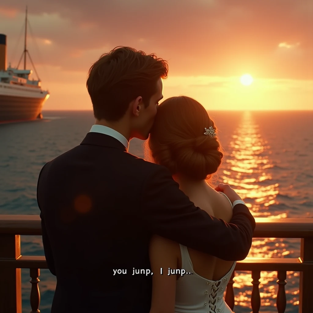 Screenshot of classic Titanic scene where Jack hugs Rose from behind,subtitle(you jump i jump)