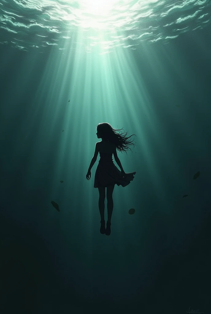 Full body silhouette drawing of a girl in profile submerged in the depths of the sea trying to swim to the surface