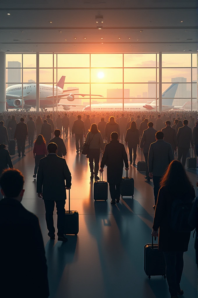Ek bahut bade airport ki tasvir jismein bahut sare log mulk ko chhodkar ja rahe hain aeroplane mein baithane ke liye mein mulk mashi halat se tang aakar