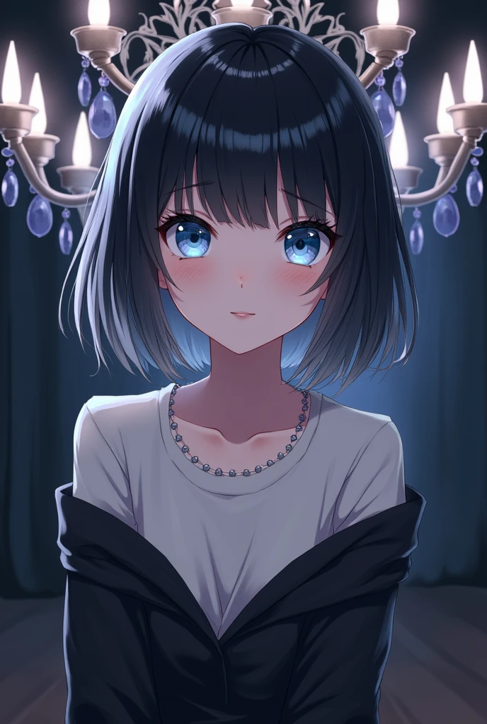 Woman illustration mini character blue eyes bob hair black hair with gray tips gradation color hair sitting chandelier hanging above