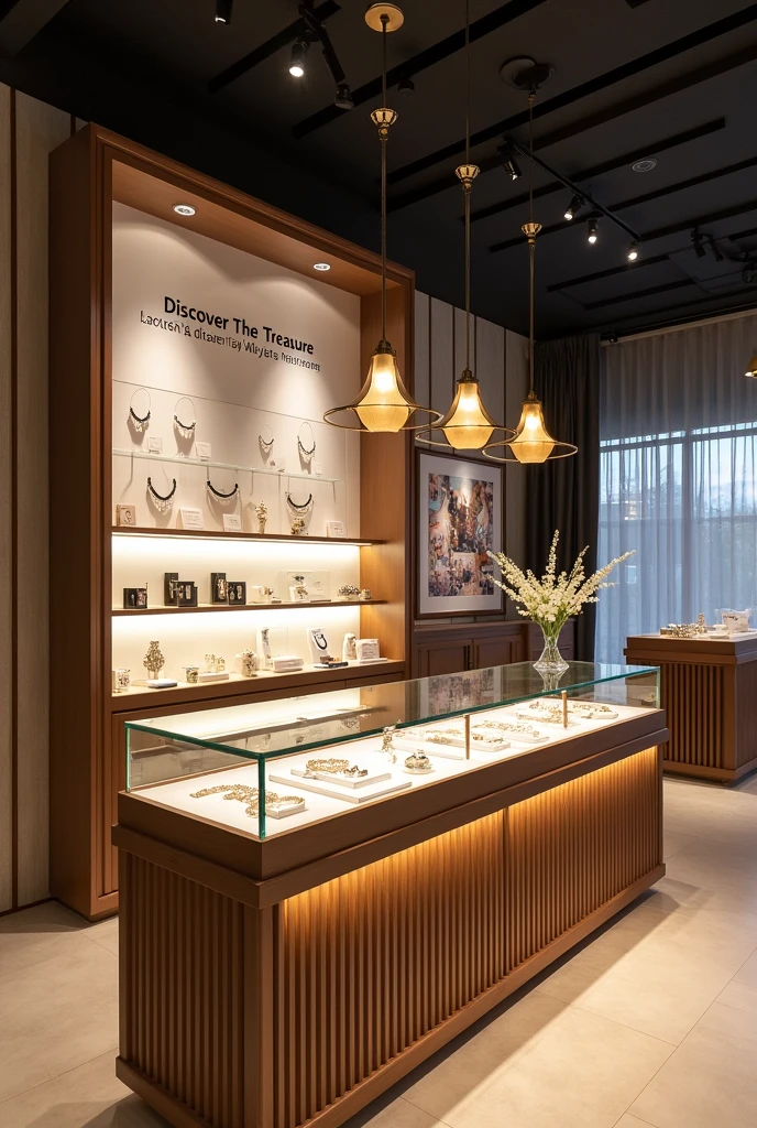 I had placed a gift stall and jwellery showroom in that we place a counter where people are notice and high traffic area like prominent corner and something else and size of this tall is compact not big and not small people will free to choose jwellery and design of the stall is different from showroom theme and colour and back wall we display wall mounted where write quote "Discover The Treasure That's Truly Yours" and some jwellery photos and add some distance between display counter and back wall and about light there is smooth and smart LED light and add some spot light which highlights some product and place high end display case where place lab grown diamond jewellery