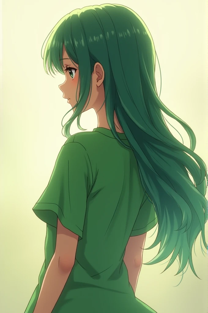 anime girl back , green t-shirt