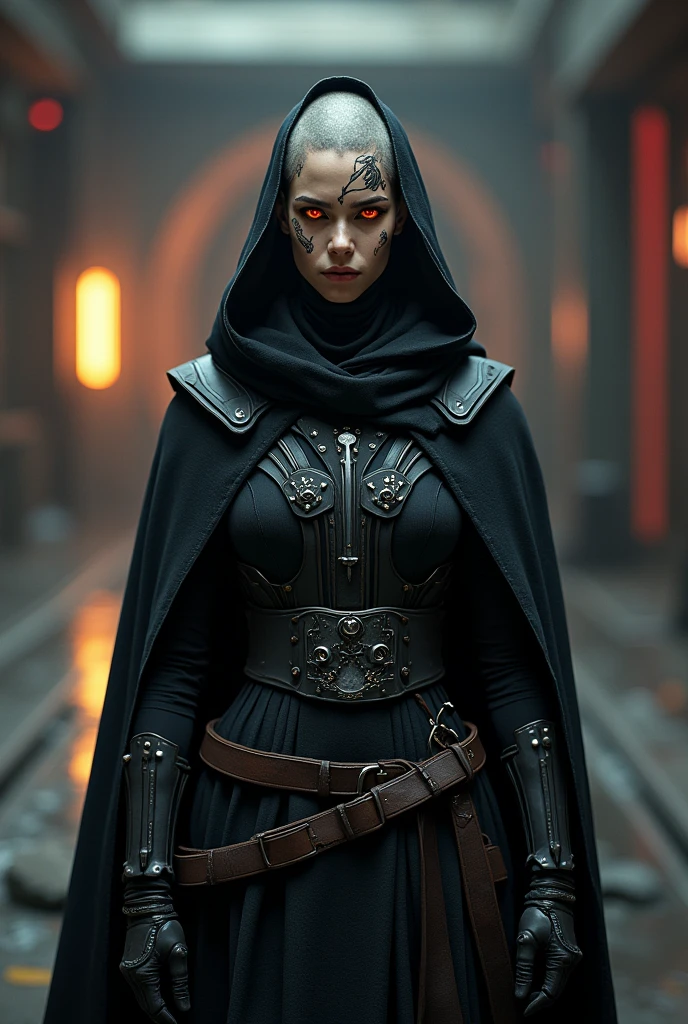 Female sith, buzzcut, black full body armor, standing, frontal, facial tattoos, red and yellow eyes, scifi helmet