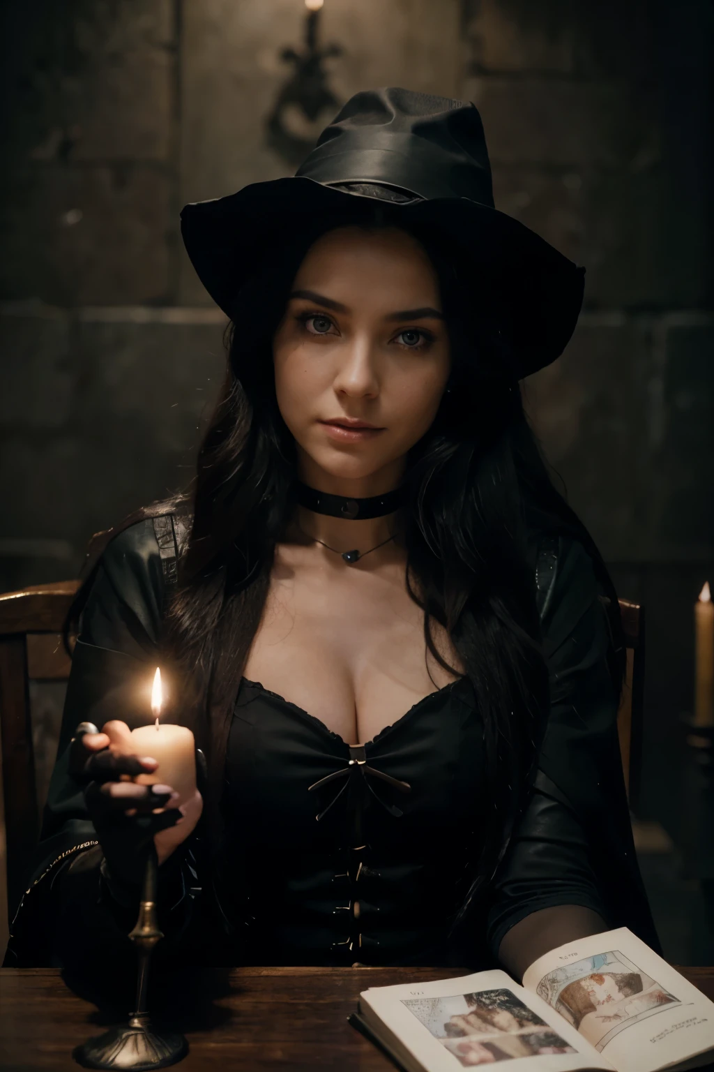 Beautiful young woman (sympathetic expression on his face), ultra textured leather, goosebumps, black hair long wavy hair, face looking straight into the camera, full face, dressed in a dark purple witch outfit with a cap on her head, sits at a large beautiful table with a candle and reads Tarot, the surface of the table is decorated, A witch pays for her sins, female magician casting a spell, spell casting, dark fantasy sorceress woman, the wizard reads tarot, Casting a magic spell, Black Magic Spells, spell casting wizard, Tarot card Goddess of Death, With the power of black magic, fortune teller, casting an evil spell, perfect lips and eyes, ((hard lighting: 1,4)), color Velvia 100, shot on Cinestill 800 T bokeh, sharp focus on the subject photographed by Manuela Marques