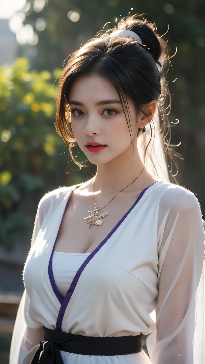 1 beautiful girl in Hanfu costume, ((black thin purple silk shirt with a lot of texture)), white lace top, long purple platinum ponytail Hair, Jewelry, ear jewelry, necklaces and necklaces, carefully drawn big purple eyes, makeup careful, thin eyebrows, high nose, beautiful red lips, no smile, pursed lips, rosy cheeks, wide breasts, big breasts, proportional breasts, slim waist, purple fishnet socks, chinese hanfu style, fictional art texture, colorful bright and realistic, RAW Photo, Realistic Photo, ultra high quality 8k surreal photo, (effective fantasy light effect: 1.8), 10x pixels, magical effect (Background): 1.8), ultradetailed eyes, full body portrait of girl , Chinese royal garden background, dynamic pose