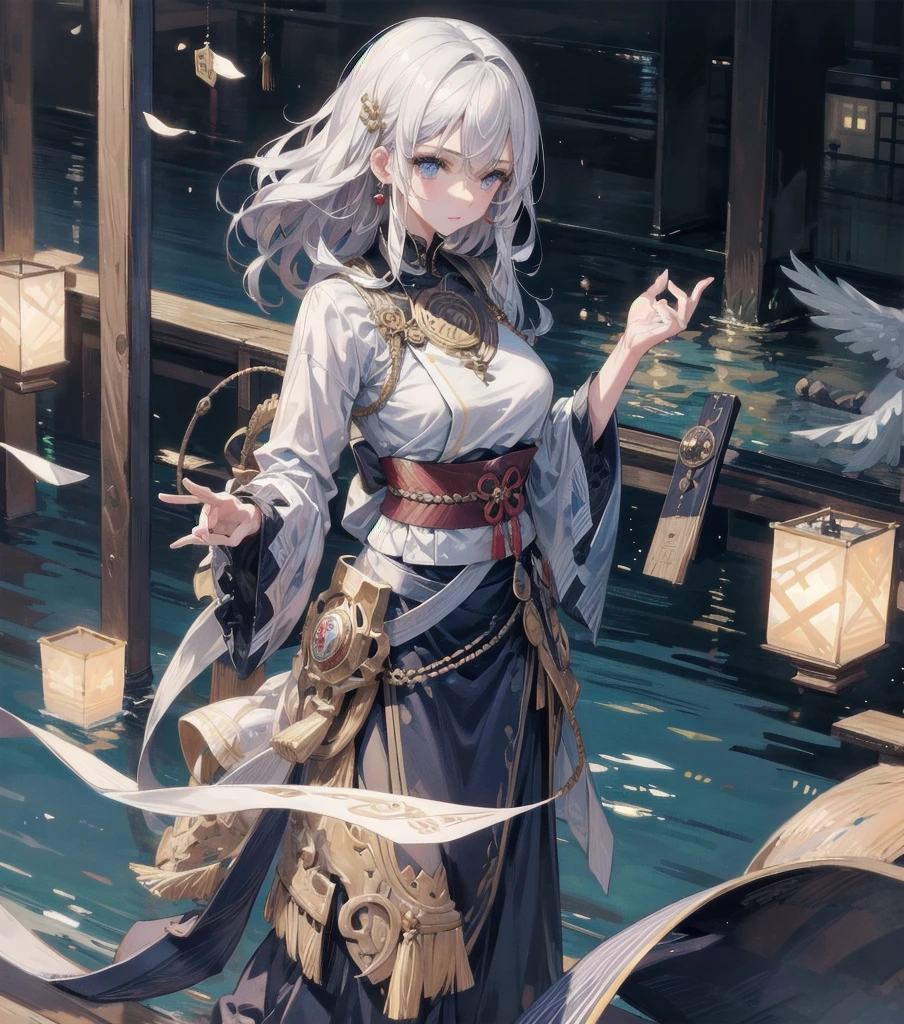 absurdres, RAW photo, extremely delicate and beautiful, masterpiece, Best Quality, ultra high resolution, 32k, hyper realistic, ultra-detailed, Very detailed CG 8k wallpaper, detailed background, landscape, Beautiful Lighting, Perfect Lightning, Realistic Shadows, perfect ???????, anatomically correct, ideal ratio body proportions, perfect figure, Perfect Style, Perfect balance, super Detailed skin, in her 10s, very Slim body, narrow waist, very small head, very small face, delicate facial features, handsome detailed woman, very detailed eyes and face, realistic face proportions, Realistic beautiful face, Realistic beautiful eyes, tearful mole, earring, whole body shot, very huge round ????, medium short hair, asymmetrical hair, wavy hair, samurai, sword with blue flames,