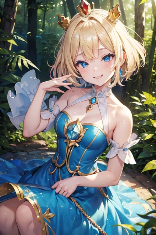 young girl,Short,blonde hair,blue eyes,short hair,Wear a white crown,There is a blue diamond on the crown.,Looking,smiling,in the forest,Red and yellow dress,Holding a golden diamond with both hands