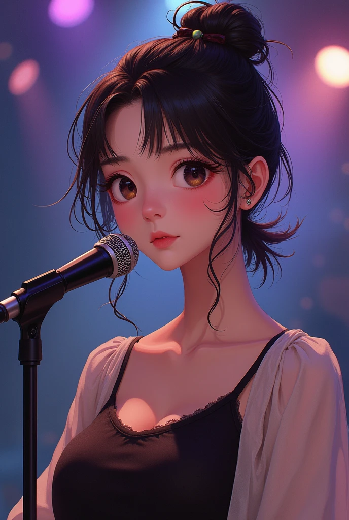 A woman with dark brown hair tied in a bow, round eyes, dark brown, white skin, a little chubby. The place is a concert stage with a microphone and music, the name of which is Namwan.