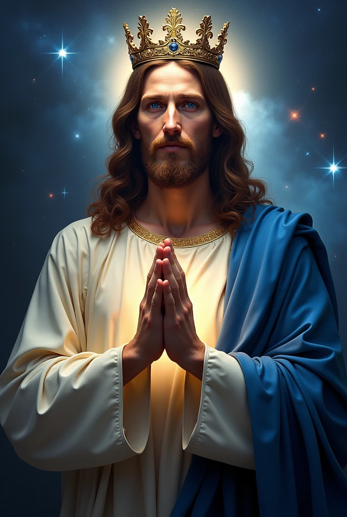 Perfect hand 5 finger, Portrait of a handsome Jesus Christ wearing the blue king clothes with king crown in the galaxy, Jesus Christ, real blue eyes, sunny day, intricate details.real Jesus Christ, straight head face, Straight body.Prayer Jesus Christ, perfect full body, perfect hands finger,Prayer Jesus Christ, praying Jesus Christ backgrounds natural photographic