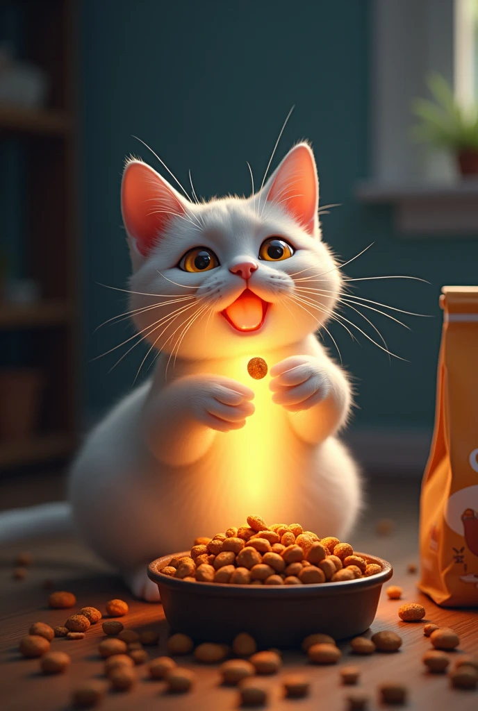 The cat ate the dry food so deliciously that light came out of its mouth. There was a bag of cat food next to the cat food.
