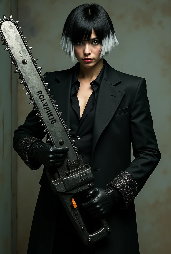 Man with straight black hair with white highlights with a gradient cut style, greeneyes, he wears a black vest underneath a black blazer with sleeves, on his hands he wears black gloves, a pair of black jeans, wears combat boots, holding a chainsaw