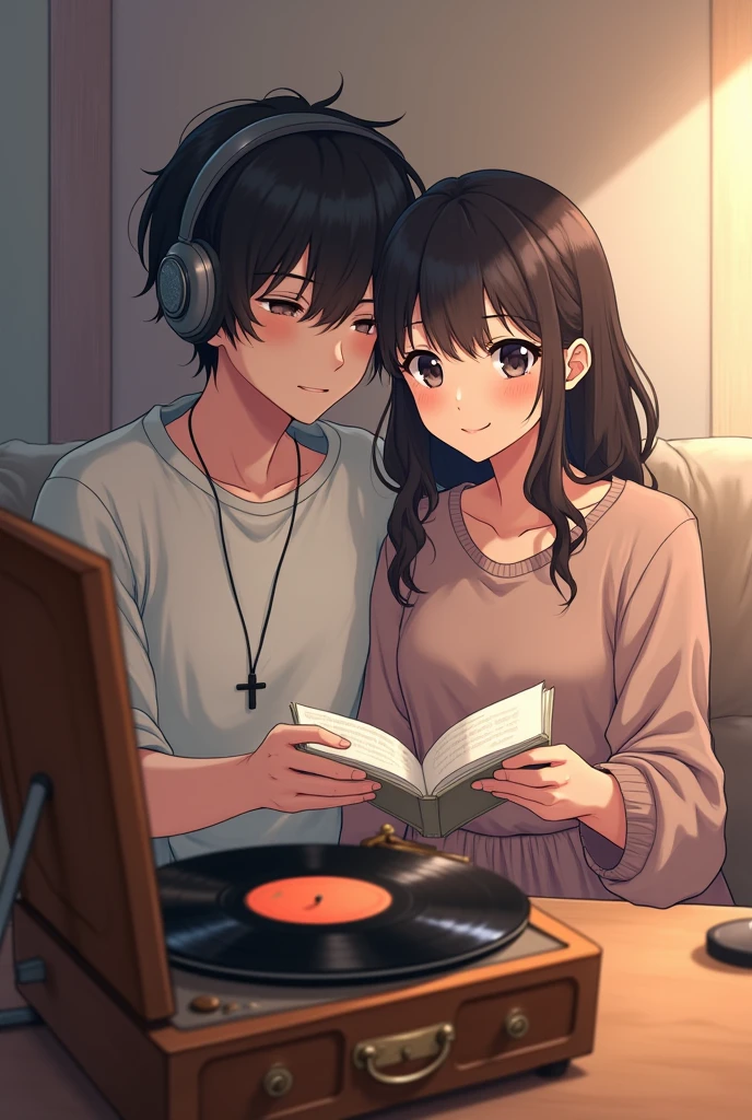 an anime couple, The boy is listening to music and the girl is reading., Next to them there should be a record player and a vinyl record