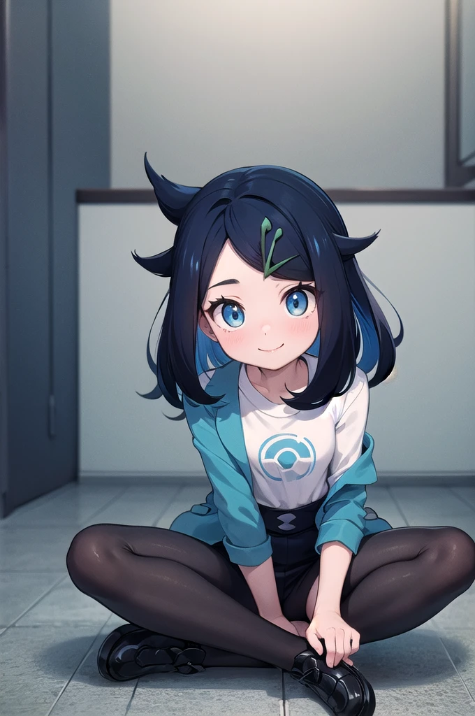 masterpiece,Highest quality,One girl,alone,Pokemon Riko,Hair Clip,Multicolored Hair,Black Hair,Blue Hair,blue eyes,Blue jacket,White shirt,pussy,Shaved pussy,smile,Indoor background,First-person view,Do the splits,sit