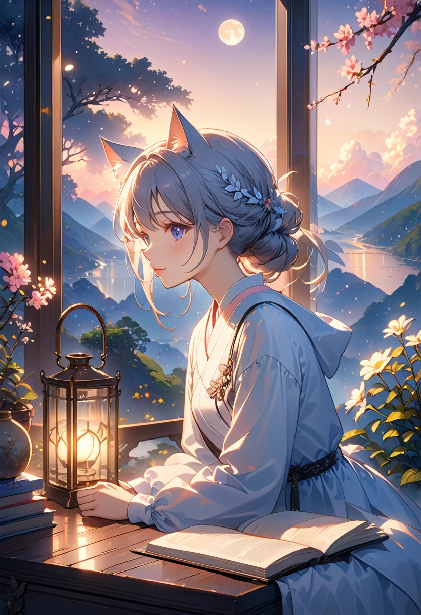 (best quality:1.2), Beautiful lo-fi minimalistic vibe, Cat, Book, window, moon, light bokeh, Soft colors, shiny, Dynamic side angle, Natural soft lighting, 8K resolution, number, Four colors of pastel，Dynamic Angle,(Fantasy style:1.2),(high quality:1.3),(best quality:1.3),(masterpiece:1.3),Official Art,Official Wallpapers,4K Textures,(epic:1.2),(Mysterious atmosphere:1.2),Moonshine settings,midnight sky,(twilight:1.2),subtle sparkle,Whimsical vibe,(detailed:1.05),(extremely detailed:1.06),Clear focus,(complex:1.03),(extremely complex:1.04),Low contrast,Soft movie lighting,Soothing tones,HDR,(Beautiful scenery:1.08),(detailed scenery:1.08),(complex scenery:1.07),(:1.05),(Pretty Face:1.1),[Perfect eyes:0.8],[Perfect skin:0.8],[detailed face:0.8],[detailed eyes:0.8],[detailed hair:0.9],[detailed lips:0.8]