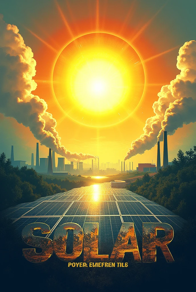 A vibrant and colorful digital art poster illustrating the benefits of using solar energy. The poster features a radiant sun with sleek, modern solar panels below it, emitting clean energy. On the opposite side, show a darker, industrial scene with power plants emitting pollution. The benefits of solar energy are highlighted in bold, modern text: 'Save Money!', 'Go Green!', 'Energy Independence!' and 'Renewable & Abundant!'. The design should be dynamic and futuristic, with a blend of bright colors like yellow, green, and blue contrasting with darker tones.