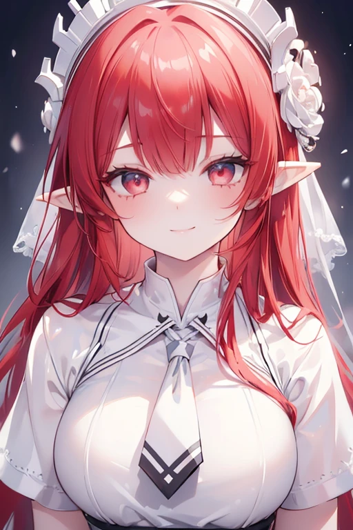 (masterpiece,best quality,ultra-detailed),1girl,red hair, pointy ears,beautiful and detailed face, smile, detailed eyes,white shirt, white skirt, tie,night,fog,((grey and white theme))