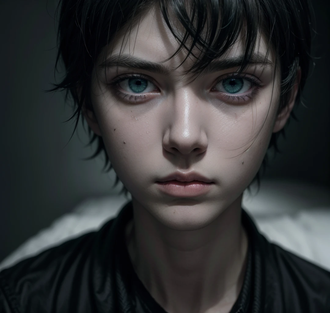 beautiful young emo boy, one green eye, one blind blue eye, pale skin, black hair, black clothes, melancholy expression, dramatic lighting, 8k, high quality, detailed, photorealistic, cinematic, moody, atmospheric