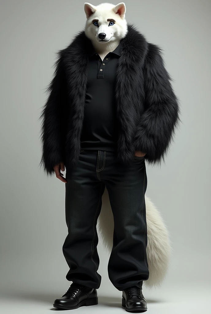 Tall Man, white, black fur, eyebrows raised, blue eyes, big eyelashes, Pretty lips, with black jeans, some Balenciaga speed sneakers and a black polo shirt