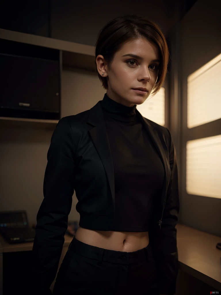 (((Kate Mara: 1.0))), androgynous, small and cute ears, she is in (((dark office business full suit))), ((businesswoman)), ((bandeau top)), ((dark jacket)), ((dark pants)), gentle, (Seductive Smile: 0.8), (((pixie hair))), (short hair), ((blond brown hair)), Warm, ((proud standing posture)), (((side pov))), ((melancholic)), (dark and bright), (cinematic shot), single person, (((((single color background))))), concept art, symmetry, masterpiece, (high details), high quality, highres, 16k, anatomically correct, super detail, high details, high quality, highres, 16k, anatomically correct, super detail