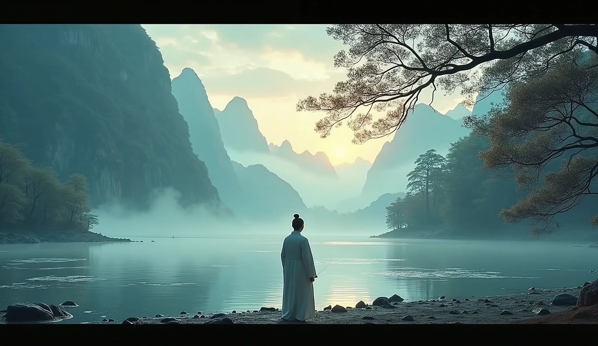 One picture describes five scenes,Movie storyboard scene 1:The sky rises straight up and destroys the vast,The Endless Tai Chi Long Scene 2:I haven't seen blood and grief for years,Forgetting Life and Death and Living in the Dust, Scene 3:Flying Stars Fly Far Away Crossing the Guan River,Ask the Lotus How to Know the Color of Ice and Snow Scene 4:Why hate the desolation after drinking,One Sorrow Is Not Enough to Unite the River Scene 5:The moon falls on the eaves of clothes,Borrowing a sword to pick flowers and scatter branches