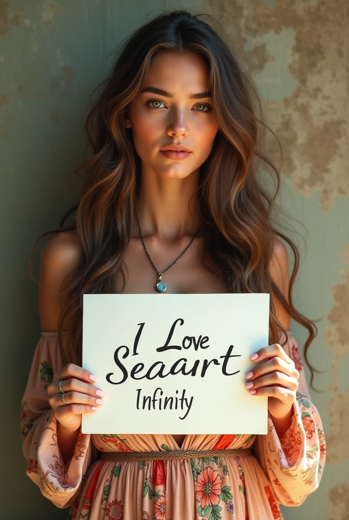 Beautiful girl with wavy long hair, bohemian dress, holding a white board with text "I Love Seaart Infinity" and showing it to the viewer