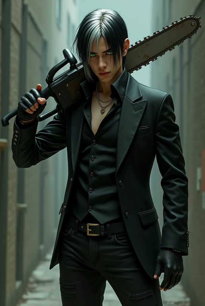 Man with straight black hair with white highlights with a gradient cut style, greeneyes, he wears a black vest underneath a black blazer with sleeves, on his hands he wears black gloves, a pair of black jeans, wears combat boots, holding a chainsaw
