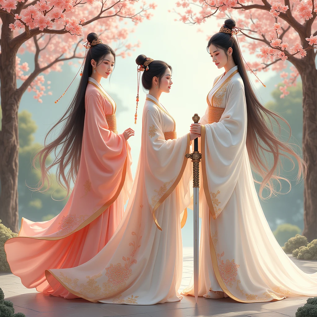 best quality, masterpiece, high resolution,3 girls,Pretty Face,whole body,Chinese clothes,White Taoist robe,Right hand holding sword (Gorgeous decoration),peach,