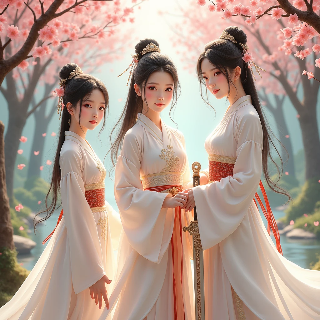 best quality, masterpiece, high resolution,3 girls,Pretty Face,whole body,Chinese clothes,White Taoist robe,Right hand holding sword (Gorgeous decoration),peach,