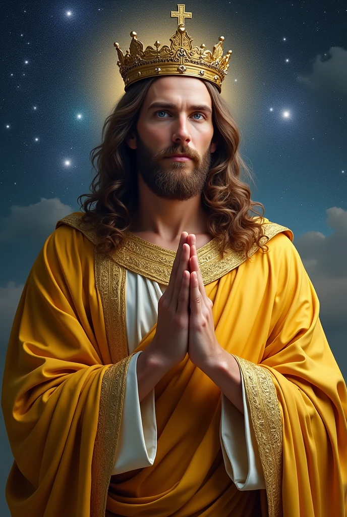 Perfect hand 5 finger, Portrait of a handsome Jesus Christ wearing the gold king clothes with king crown in the galaxy, Jesus Christ, real blue eyes, sunny day, intricate details.real Jesus Christ, straight head face, Straight body.Prayer Jesus Christ, perfect full body, perfect hands finger,Prayer Jesus Christ, praying Jesus Christ backgrounds natural photographic