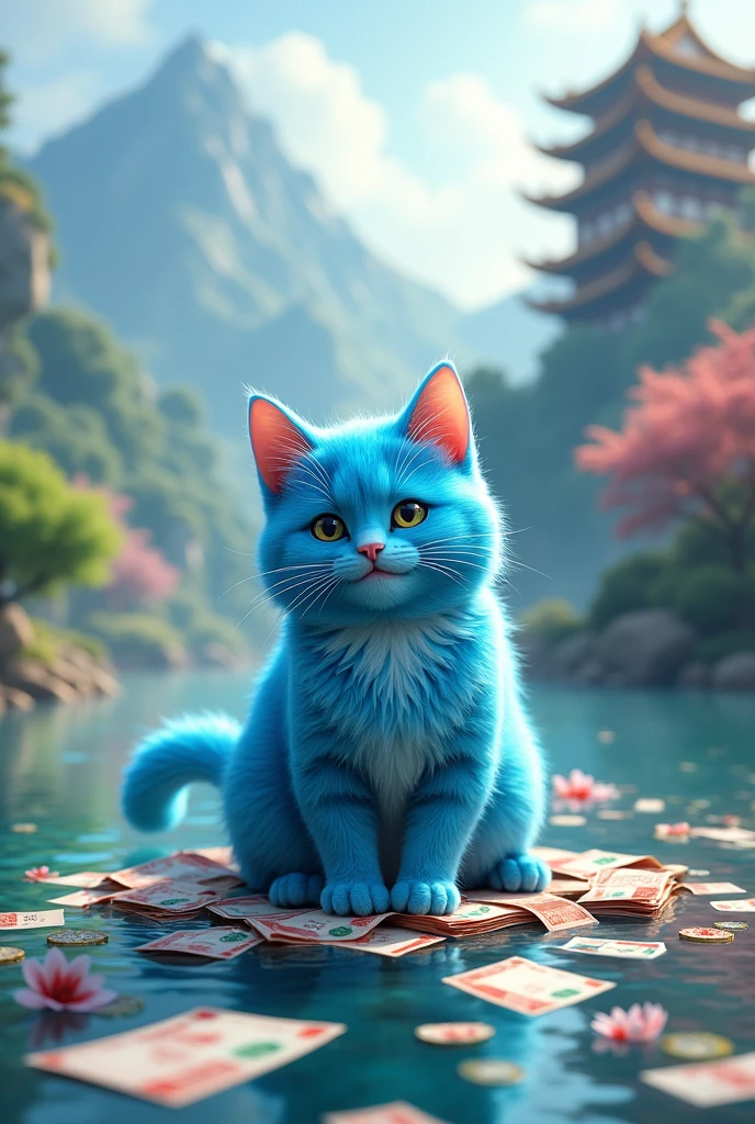 Blue cat who loves to spend money. Chinese style background. River with banknotes. Mountain with library.