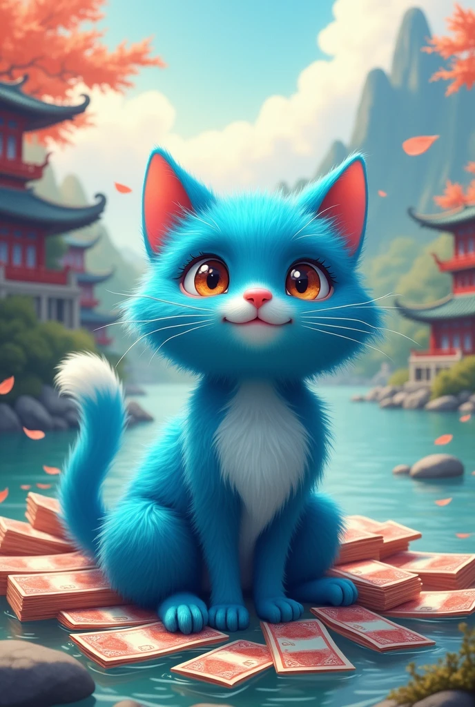Blue cat who loves to spend money. Chinese style background. River with banknotes. Mountain with library.