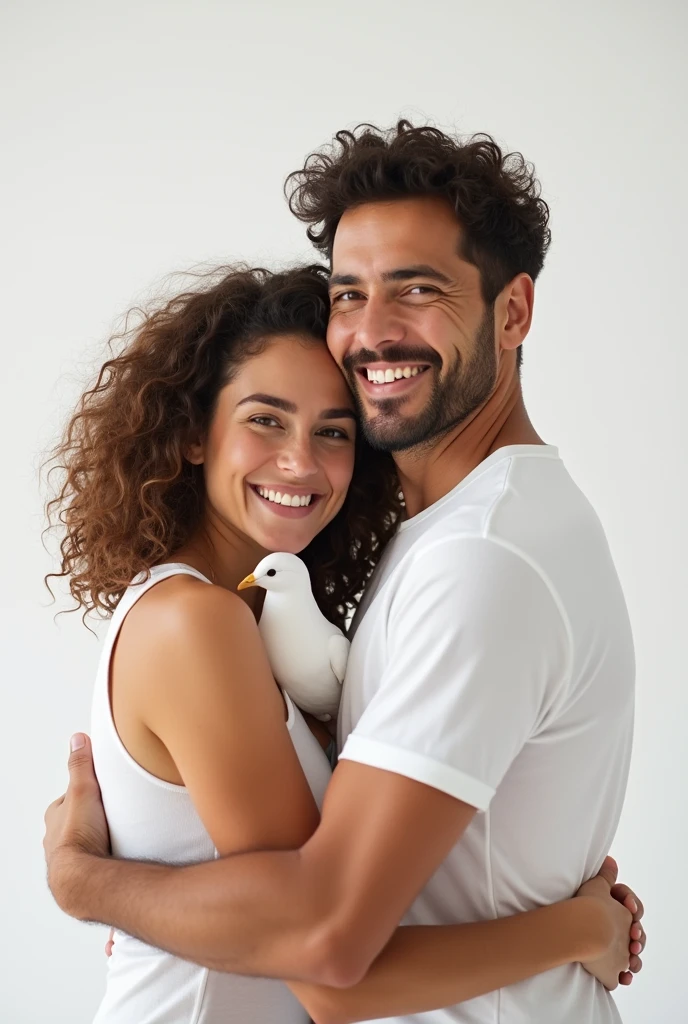 a man and woman hugging each other on a white background, she has perfect white teeths, [ realistic photo ]!!, browns and whites, her hand is on her waist, gettyimages, coiffed brown curly hair, white male, protection, white dove, verdadism, happy and disarmed, holistic medicine advertisement, cute and funny, white top