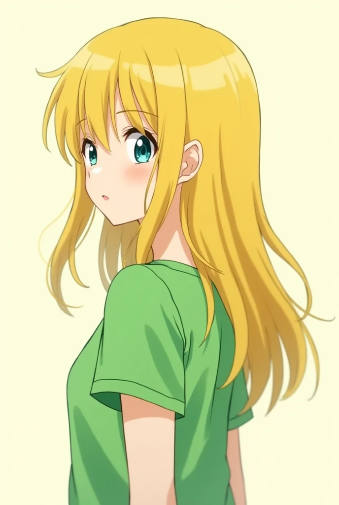 anime girl back , green t-shirt , Yellow hair