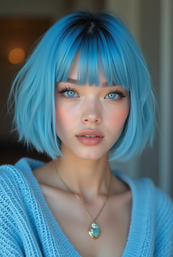 (Best quality, 8k, 32k, Masterpiece, UHD:1.2),Photo of Pretty 18 teen american woman, large breasts, very short bob hair,upper body,face focus,(oversized_sweater,:1.1) necklace, background, looking at viewer, leaning forward, (((blue hair with sliver bangs))), (((vibrant light blue eyes))) (((award winning detail)) ((avatar makeup and popstar clothes)))