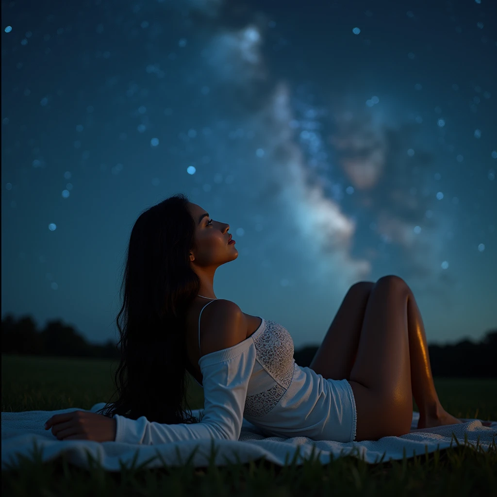 generate a master photograph describing a shapely Woman, a serene summer night sky filled with stars and a clear view of the Milky Way, with a tranquil atmosphere, (8K, best quality), she has a physique like Zendaya, long sleeves, smile, brown hair, black hair, (big chest, small tiny waist, big breasts), half body, lying on a blanket on the grass, gazing up at the stars with a look of wonder, smiling gently, wearing casual home attire, (She has sexy buttocks, Most sexy booty, Most sexy glutes), Womanly, Womancore, (She has fit hips, sexy hips, sexy fit hips, extremely sexy hips), (asian skin, glistening skin, beautiful complexion), shot on Fujifilm superia, (Studio soft light, high detail, cinematic lighting, rim lighting), Style: (hyperrealistic, by DynastySeries FashionNova, photo, {{{masterpiece photography}}}, analog photograph, professional fashion photoshoot, trending on artstation, synthwave, krrrsty), Quality: (photographed, masterpiece, highest resolution), Definition: (highres, sharp focus, 8k uhd, ultra photo-realistic resolution), Film: (80 mm, shot on portra 120, shot on Fujifilm), Resolution: (extremely detailed, (sharp focus:1.5), cinematic lighting, dramatic lighting, ultra photo-realistic), luxury: mohawk hairstyle -upscale -