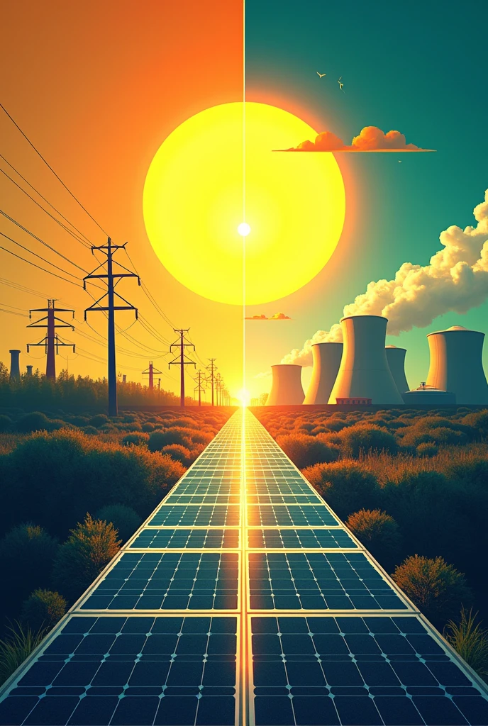 
A vibrant and colorful digital art poster illustrating the benefits of using solar energy. The poster features a radiant sun with sleek, modern solar panels below it, emitting clean energy. On the opposite side, show a darker, industrial scene with power plants emitting pollution. The benefits of solar energy are highlighted in bold, modern text: 'Save Money!', 'Go Green!', 'Energy Independence!' and 'Renewable & Abundant!'. The design should be dynamic and futuristic, with a blend of bright colors like yellow, green, and blue contrasting with darker tones.