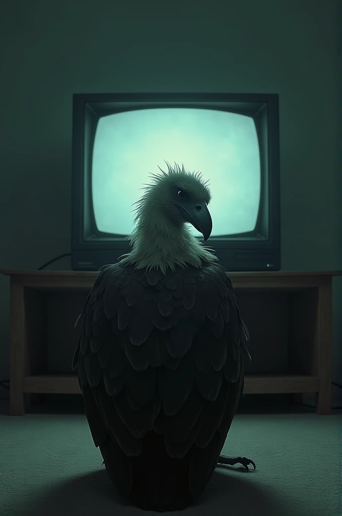 Vulture watching tv sitting sad