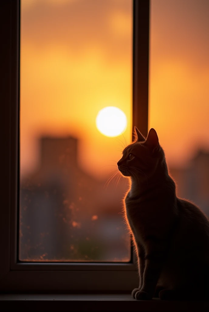 A little cat watching the sunset by the window