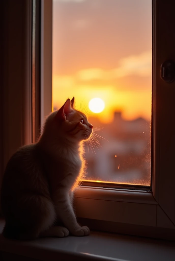 A little cat watching the sunset by the window