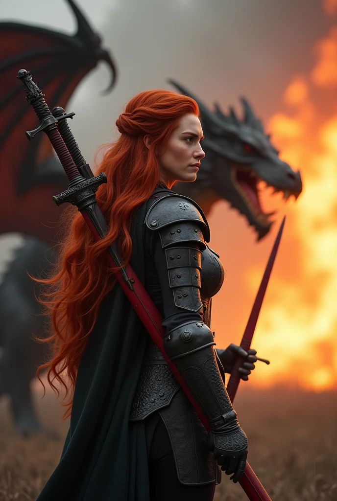 photorealistic image of a woman, ultrarealistic, photography, long red hair, woman, 24 years old, hourglass figure, perfect body, Flirty look, natural medium breasts, black metal armor, big red claymore sword on her back, fighting against a dragon (Maia:1), wide shot, cinematic shot, she is raising her sword, she is standing opposite of the dragon, the dragon is spewing fire into the air, Extreme Wide Shot (ELS)