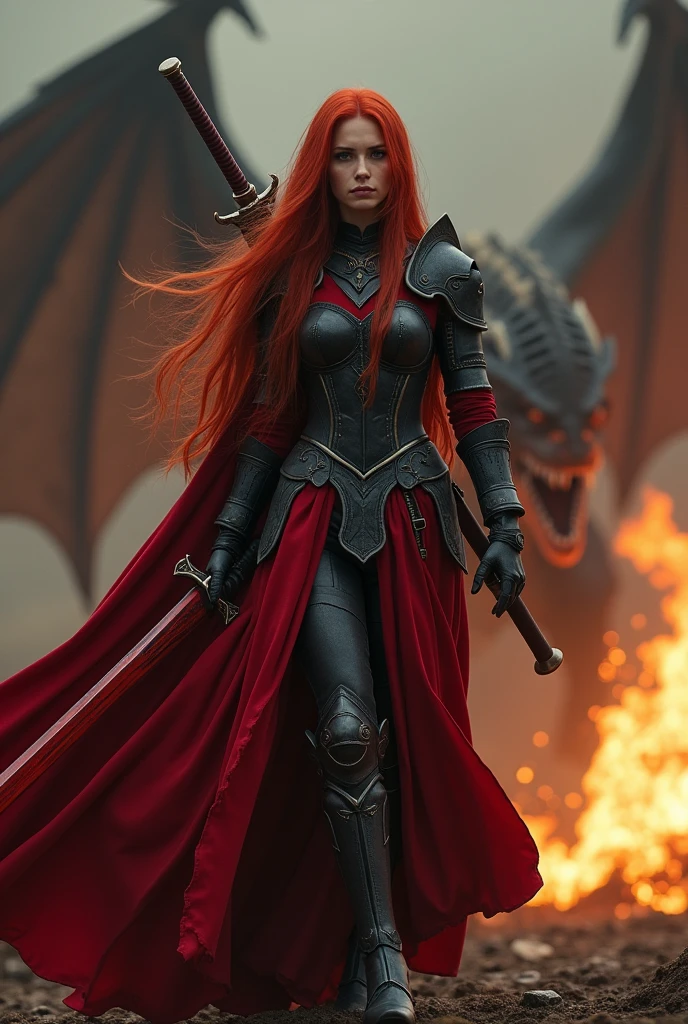 photorealistic image of a woman, ultrarealistic, photography, long red hair, woman, 24 years old, hourglass figure, perfect body, Flirty look, natural medium breasts, black metal armor, big red claymore sword on her back, fighting against a dragon (Maia:1), wide shot, cinematic shot, she is raising her sword, she is standing opposite of the dragon, the dragon is spewing fire into the air, Extreme Wide Shot (ELS)