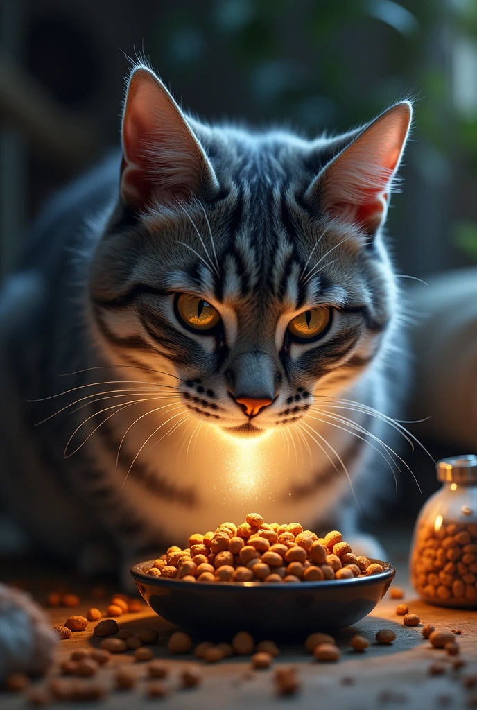 The cat ate the dry food so deliciously that light came out of its mouth. There was a bag of cat food next to the cat food.