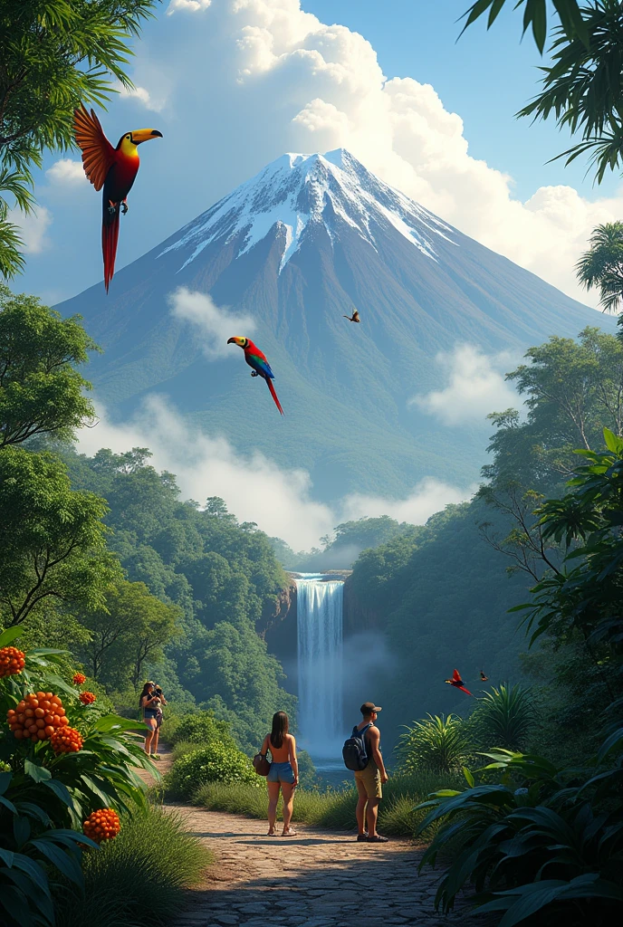 The Sumaco volcano suspended in the clouds  , with overflowing fauna and toucans and macaws flying and tourism and naranjilla fruits a waterfall with tourists bird watching and a path that goes to the volcano
