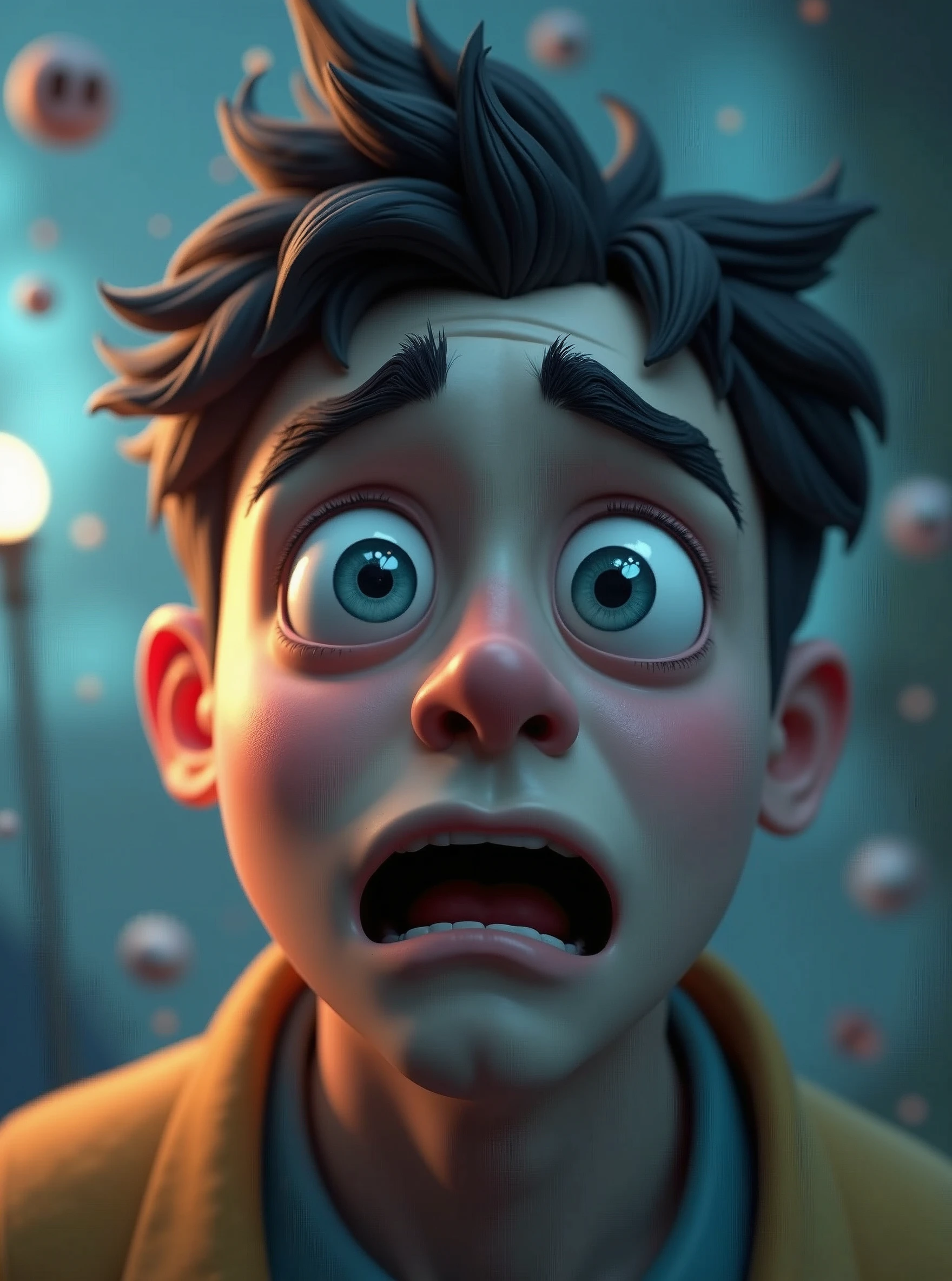 a man with a surprised look on his face, behance, pop surrealism, 3 d epic illustrations, sad emoji, huge-eyed, sad scene