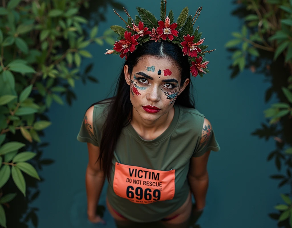 extremely detailed woman in t-shirt, sport small race bib "VICTIM 6969 DO NOT RESCUE", is victim of ritual, stuck in bog, fashion photoshoot posing, sexy posing, provocative photoshoot, headdress,traditional indigenous makeup. red, green, blue, above view,