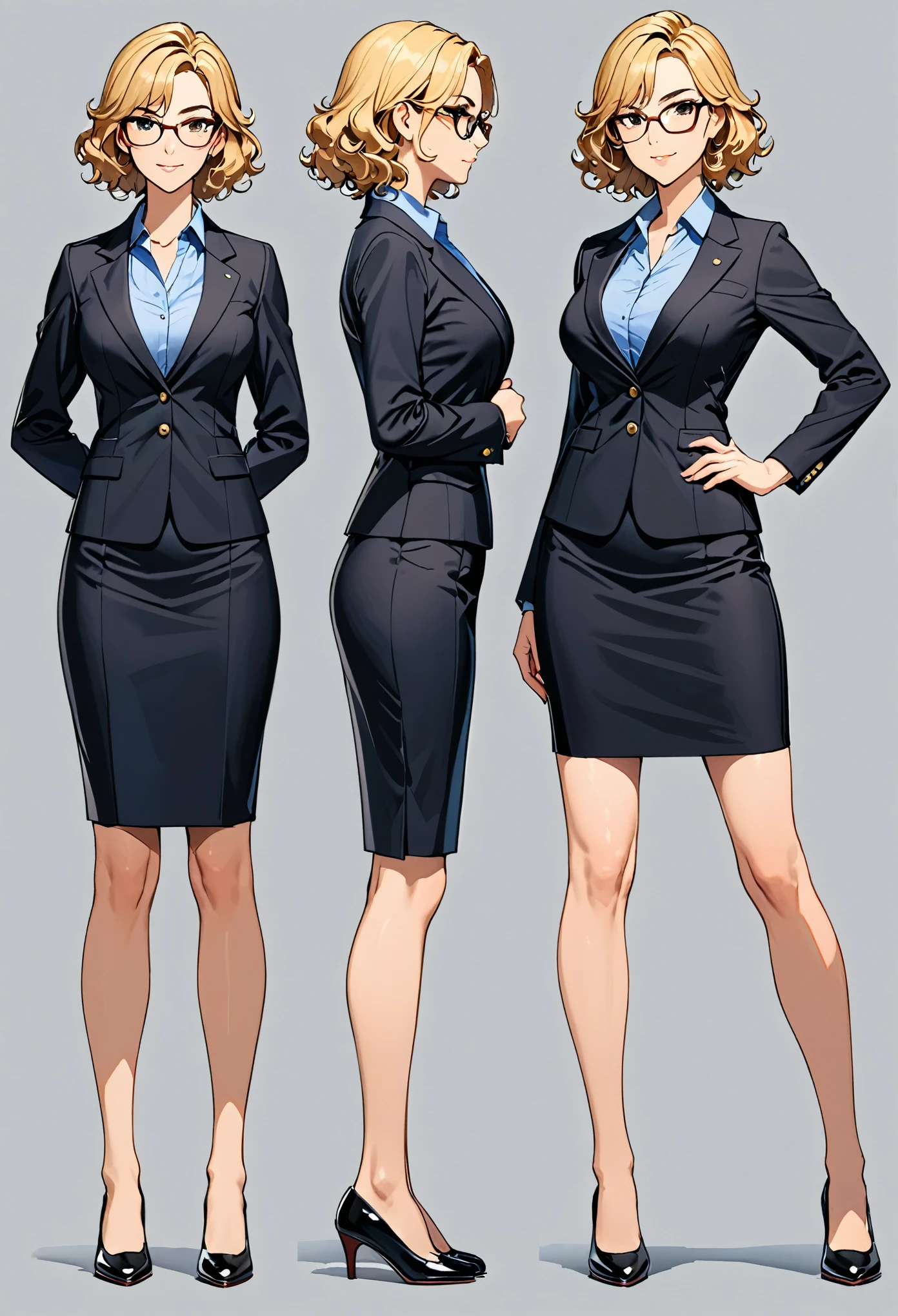 masterpiece, best quality, hires, 1girl, equal height, finger proportions coordination, medium breasts, suit, skirt, pencil skirt, bare legs, glasses, shoes, solo, single, hands on hip, standing, beautiful detailed eyes, beautiful detailed face, (blonde hair, (short hair, wavy hair)), mature lady, teacher, perfect body, good proportions, Simple background, Multiple Views, Character Sheet Full-Length.