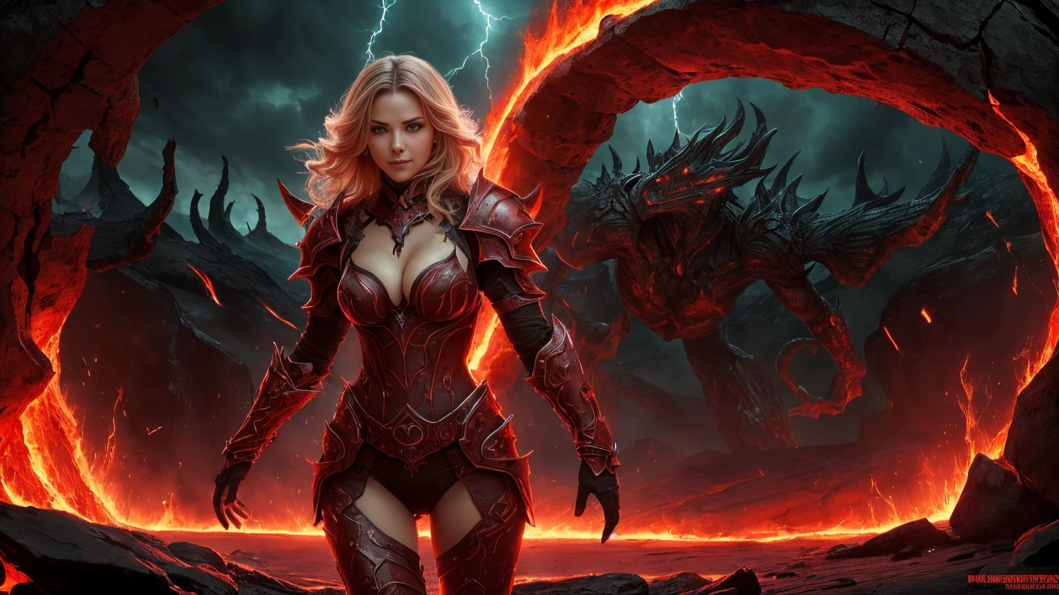 In this masterpiece, a stunning succubus warrior girl stands at the center of the frame, radiating an aura of mystique and beauty. The ultra-detailed 4K image presents her in front of the ominous (gates of hell) (with a vortex of red mana), surrounded by the fiery crater of an erupting volcano. The volumetric lighting casts a warm glow on her porcelain skin, accentuating the intricate details of her (sexy demonic lava armor). Her long, straight blonde hair are beautiful, framing her charming smile and captivating cleavage. The spellbinding atmosphere is punctuated by (thunderstorms and flashes of red lightning) in the surreal dark sky, as if the very heavens are conjuring her presence. The composition masterfully balances depth and complexity, drawing the viewer's gaze to the perfect body, with its flawless anatomy and tantalizing pose.